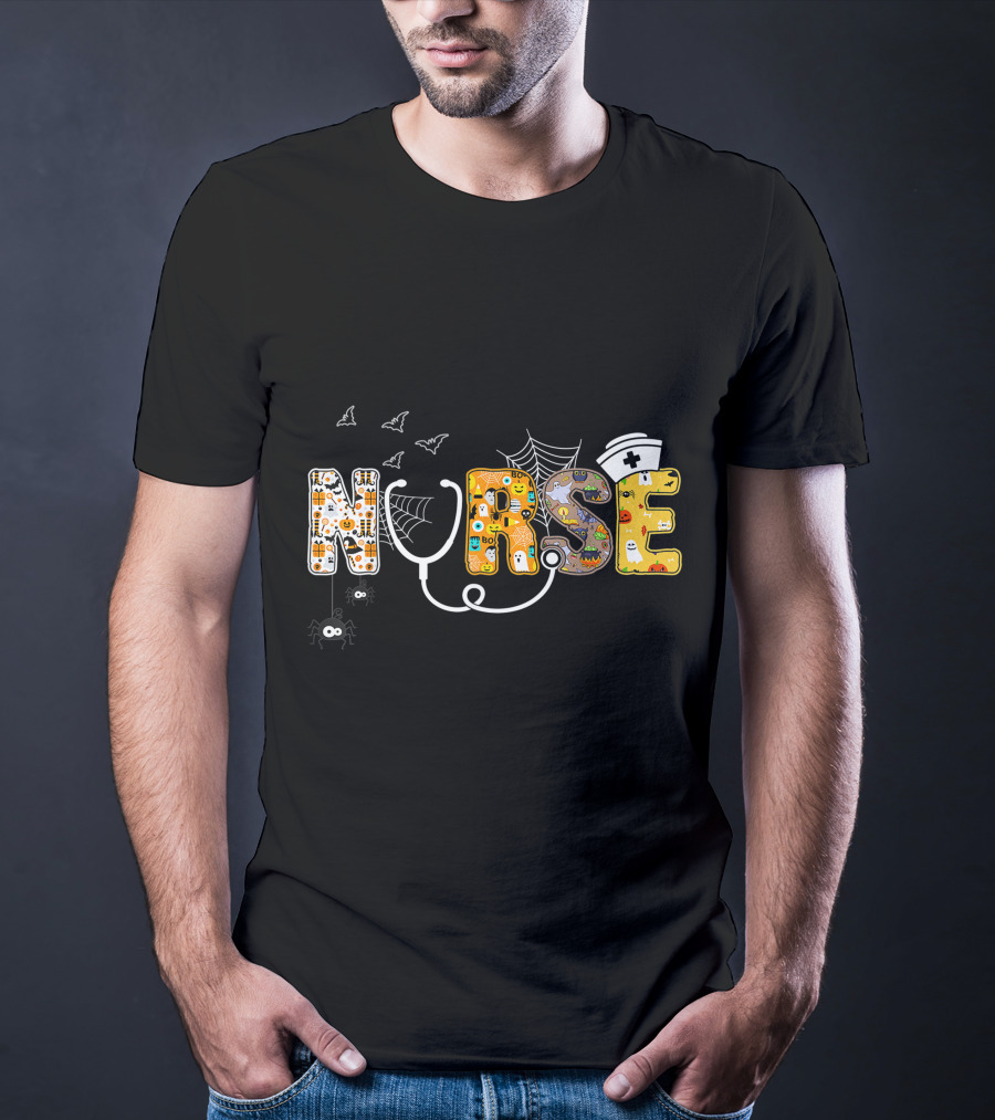 Nurse Halloween Boo Pumpkin Spider Witch Hat Bats Ghosts Cobwebs T-Shirt