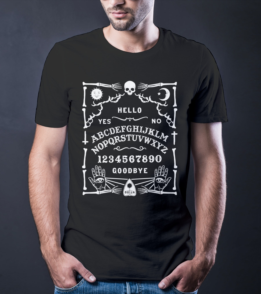 Hello Yes No Spirit Sun Moon Skull Skeleton Ouija Board Alphabet 1234567890 Goodbye Wiccan Witchcraft Occult T-Shirt