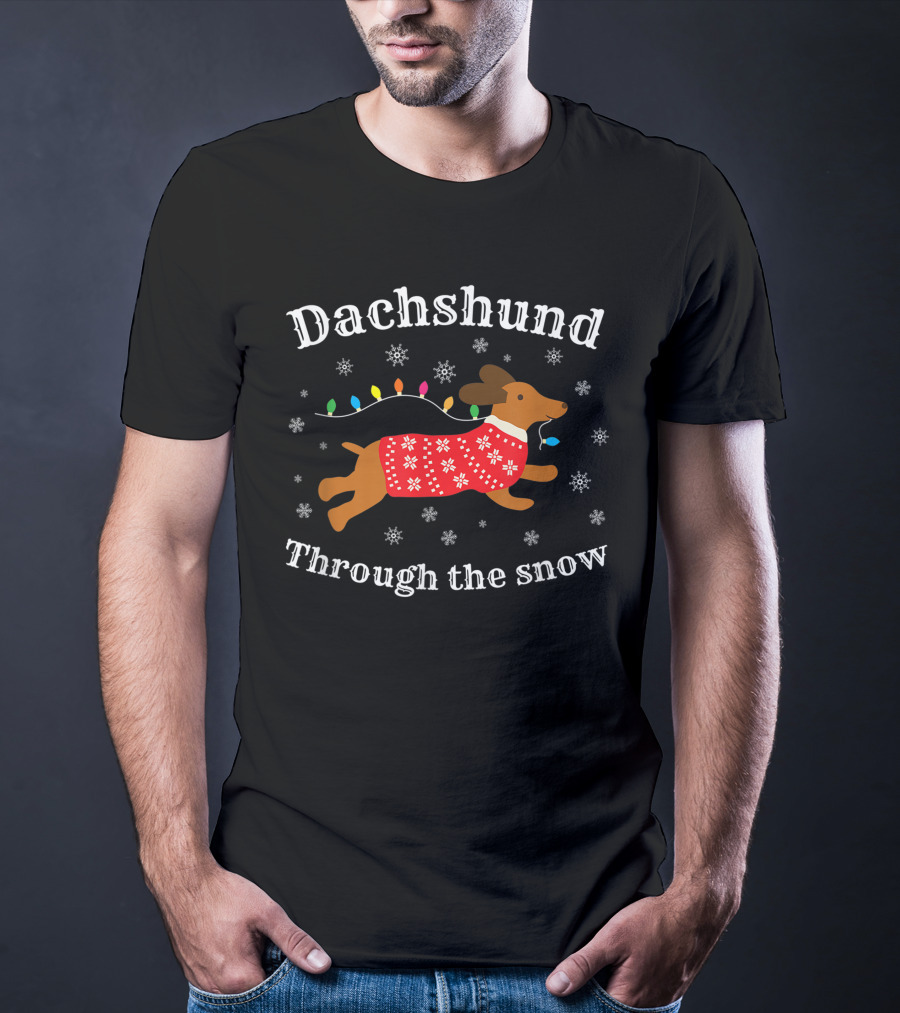 Dachshund Through The Snow Wearing A Festive Sweater With Christmas Lights And Snowflakes T-Shirt