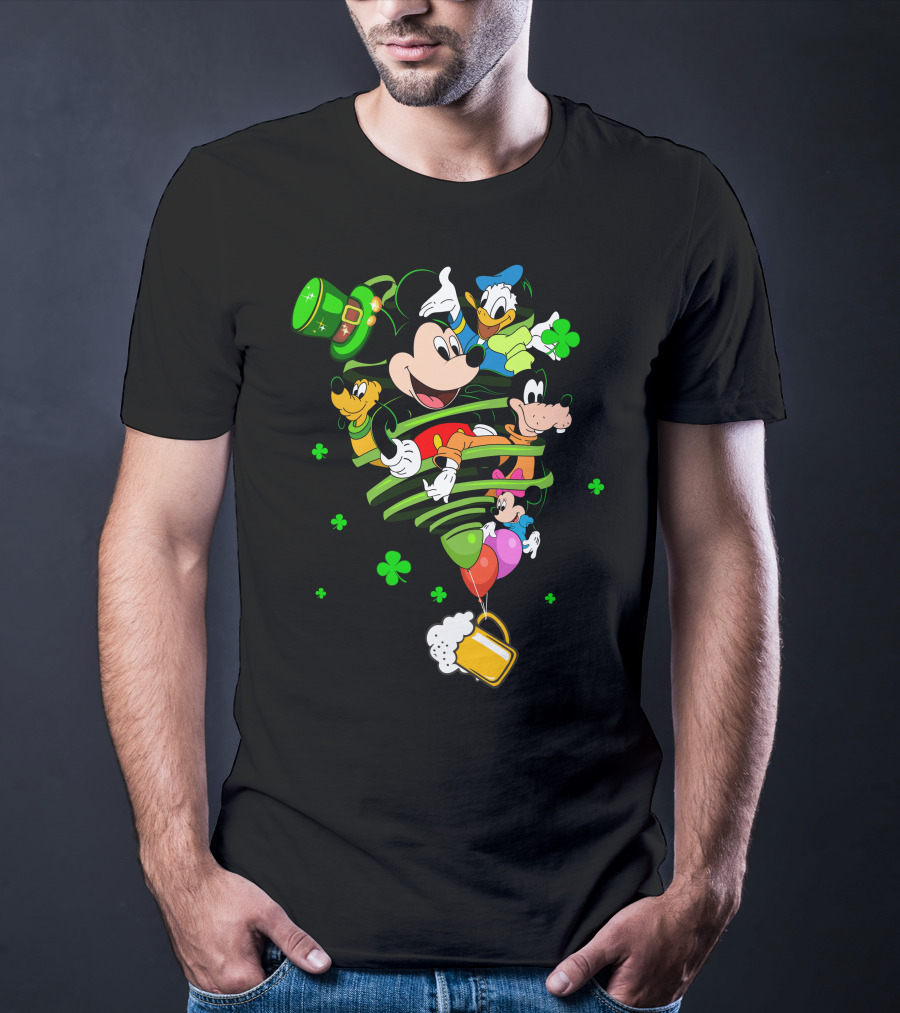 Mickey Mouse Donald Duck Goofy St. Patrick's Day Celebration With Shamrocks And Beer Mug T-Shirt