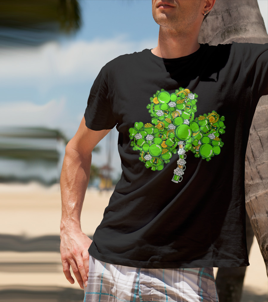 Shamrock Mickey Mouse St. Patrick's Day Beer Mugs And Gold Coins T-Shirt