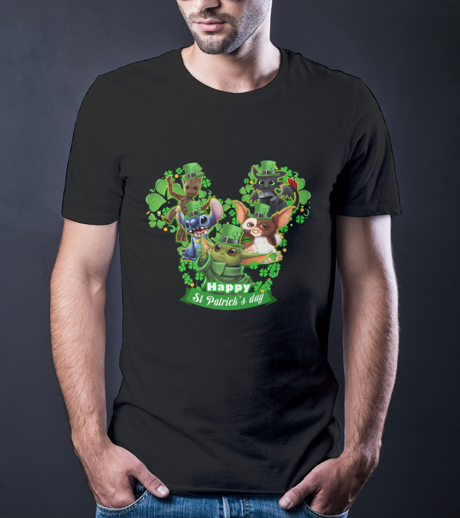 BBYD And Friends Happy St Patrick's Day Groot Gizmo Stitch Mandalorian Baby Yoda Toothless T-Shirt