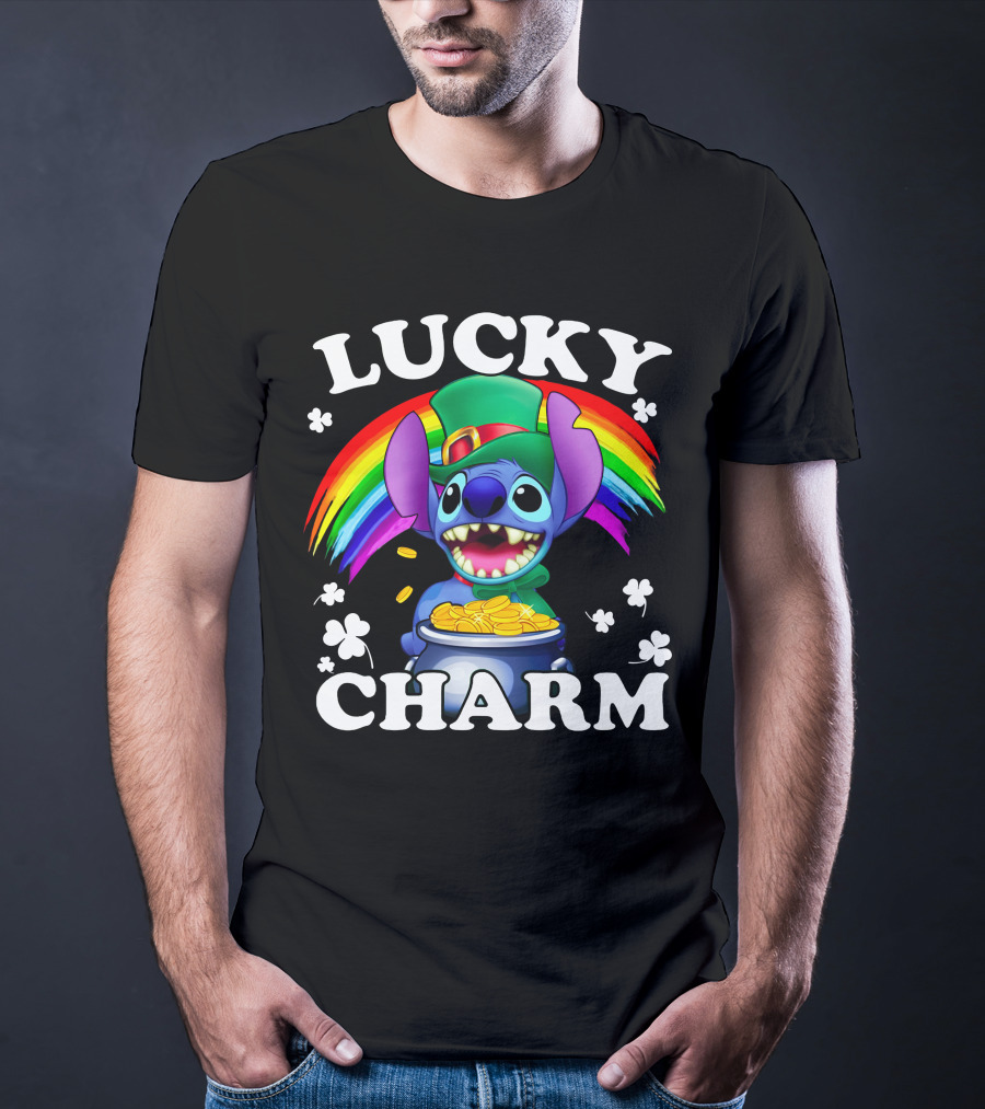 Lucky Charm Stitch Rainbow Gold Coins Shamrocks T-Shirt