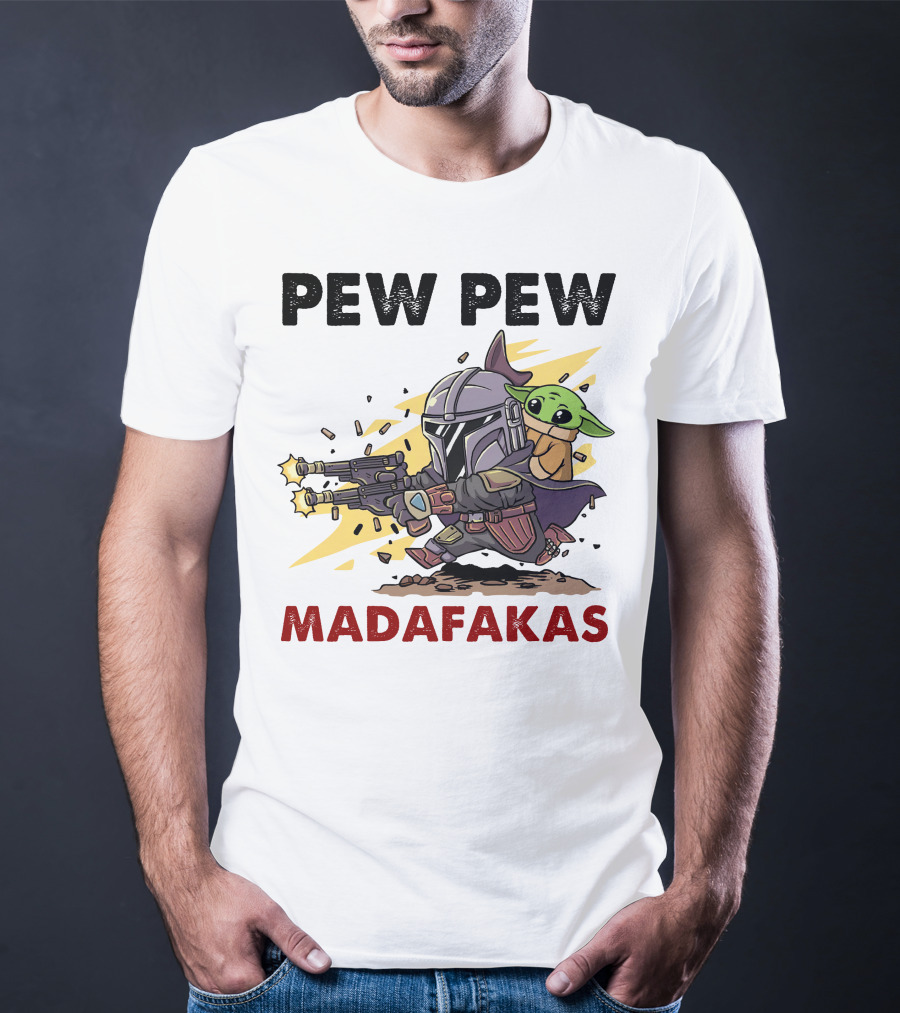 Pew Pew Madafakas Mandalorian Baby Yoda Gun Firing Scene T-Shirt