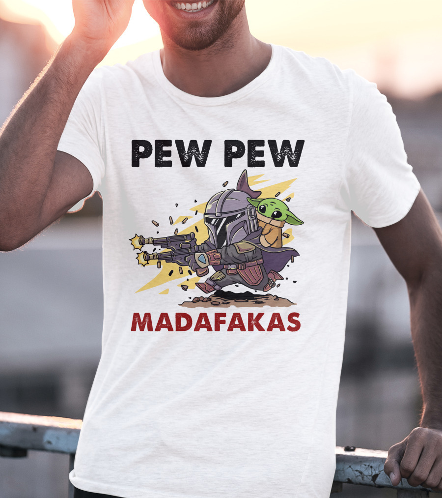 Pew Pew Madafakas Mandalorian Baby Yoda Gun Firing Scene T-Shirt