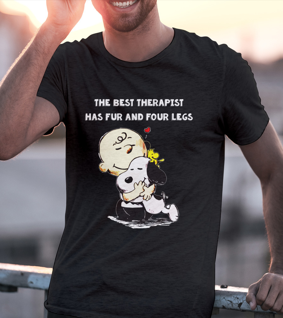 The Best Therapist Has Fur And Four Legs Charlie Brown Snoopy Woodstock Hug T-Shirt
