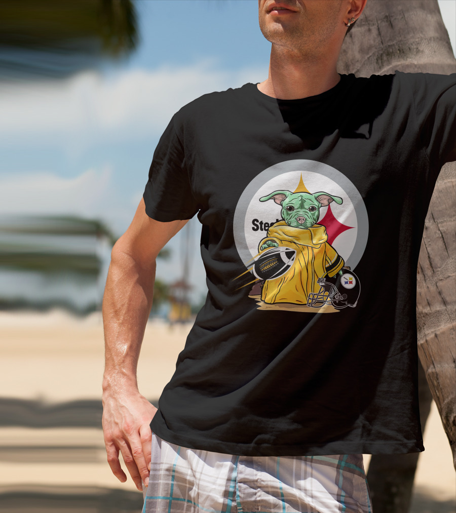 Pitbull Steelers Baby Holding Football With Steelers Logo And Helmet T-Shirt