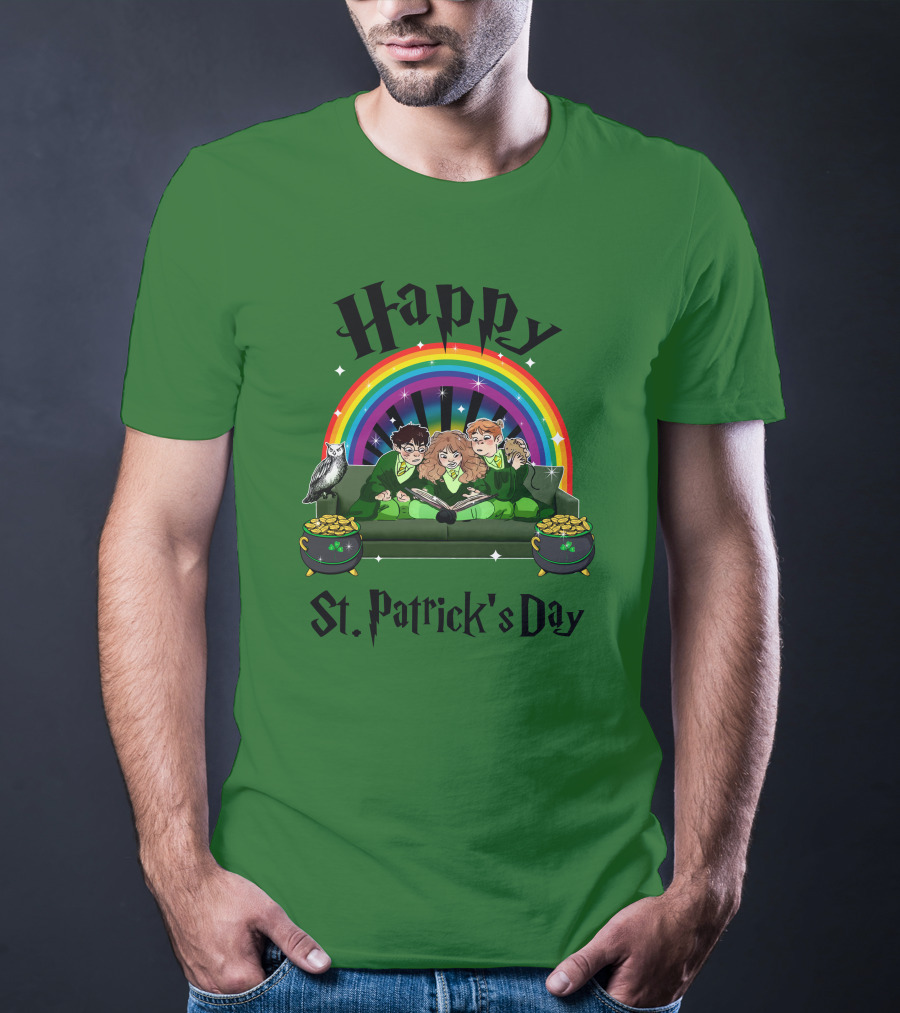 Happy St. Patrick's Day With Rainbow And Green Characters On Couch T-Shirt