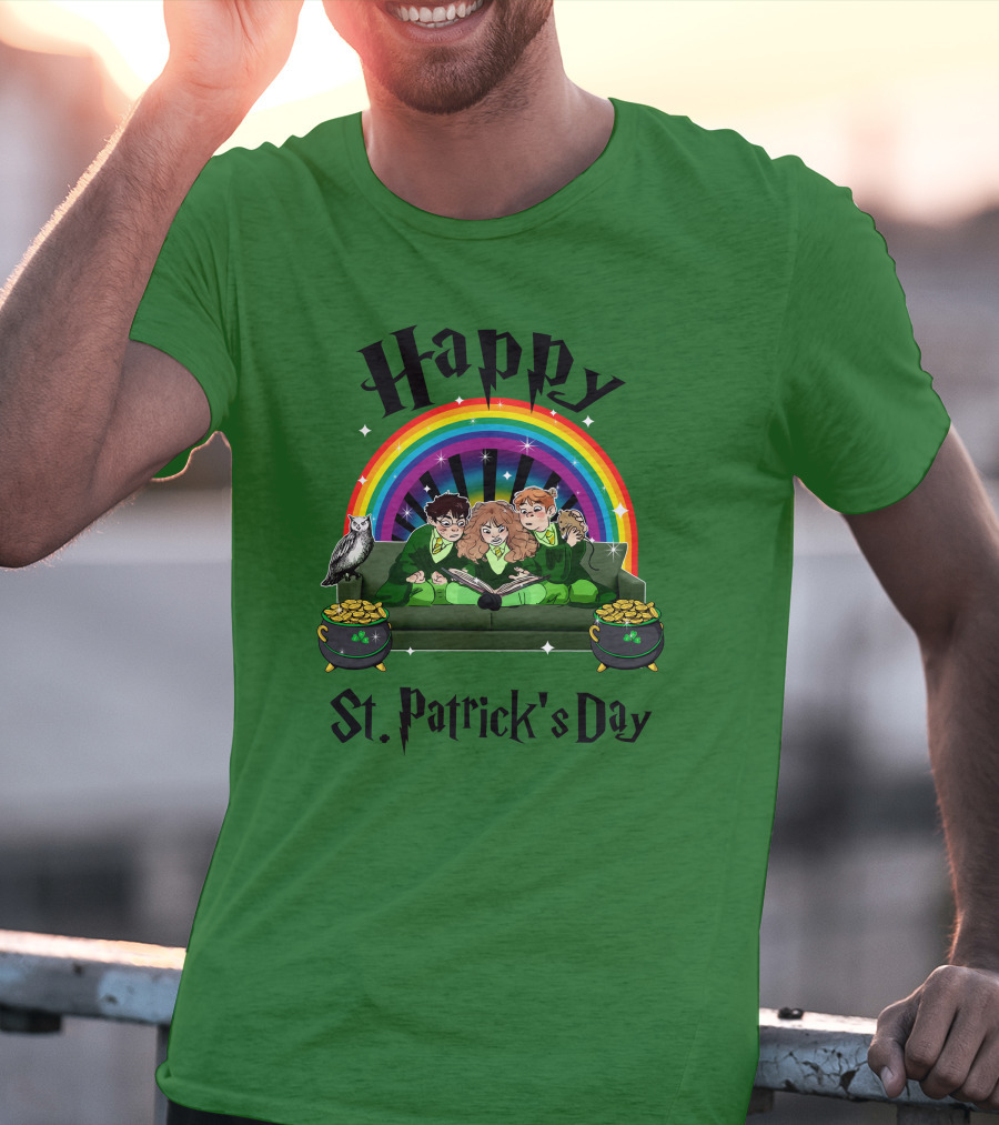 Happy St. Patrick's Day With Rainbow And Green Characters On Couch T-Shirt
