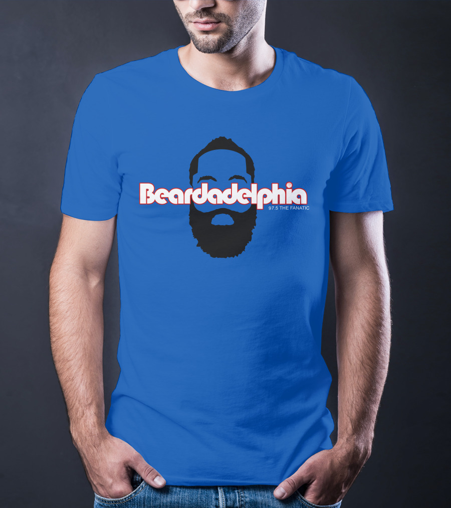 Beardadelphia 97.5 The Fanatic Silhouette Bold Text Blue Background T-Shirt