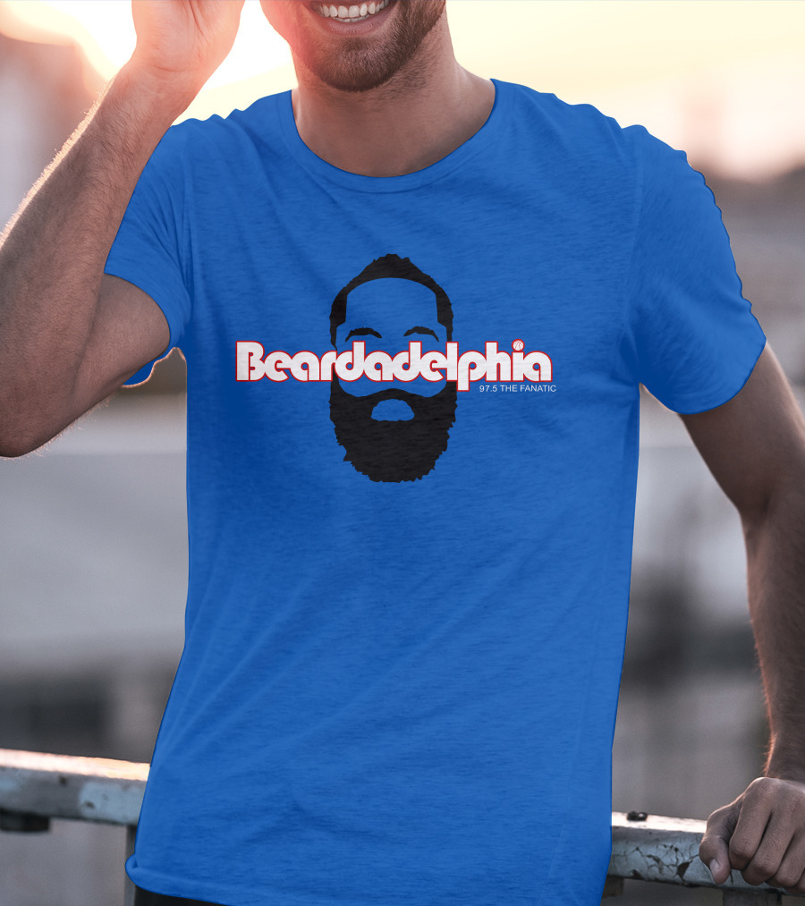 Beardadelphia 97.5 The Fanatic Silhouette Bold Text Blue Background T-Shirt