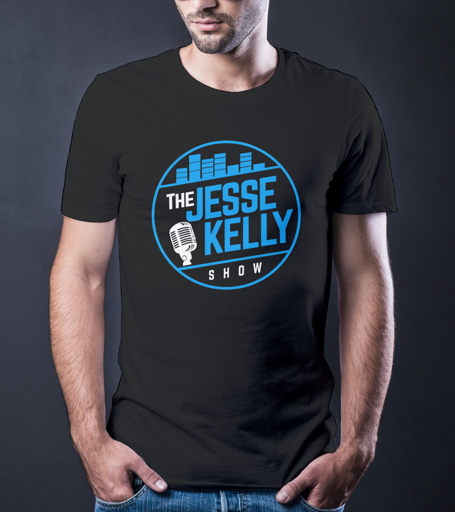 The Jesse Kelly Show Microphone Logo Design With Blue Text And Sound Bars T-Shirt