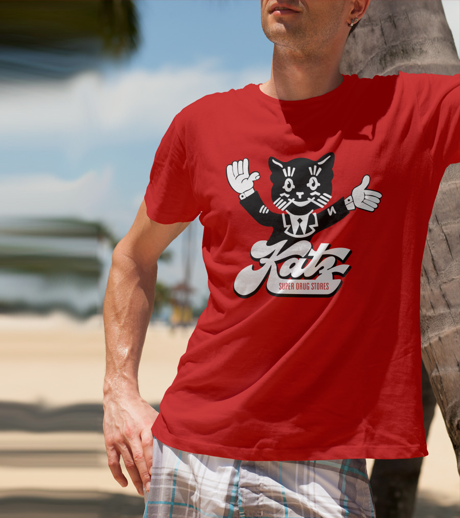 Katz Super Drug Stores Cat Mascot Smiling And Waving In Suit And Tie T-Shirt