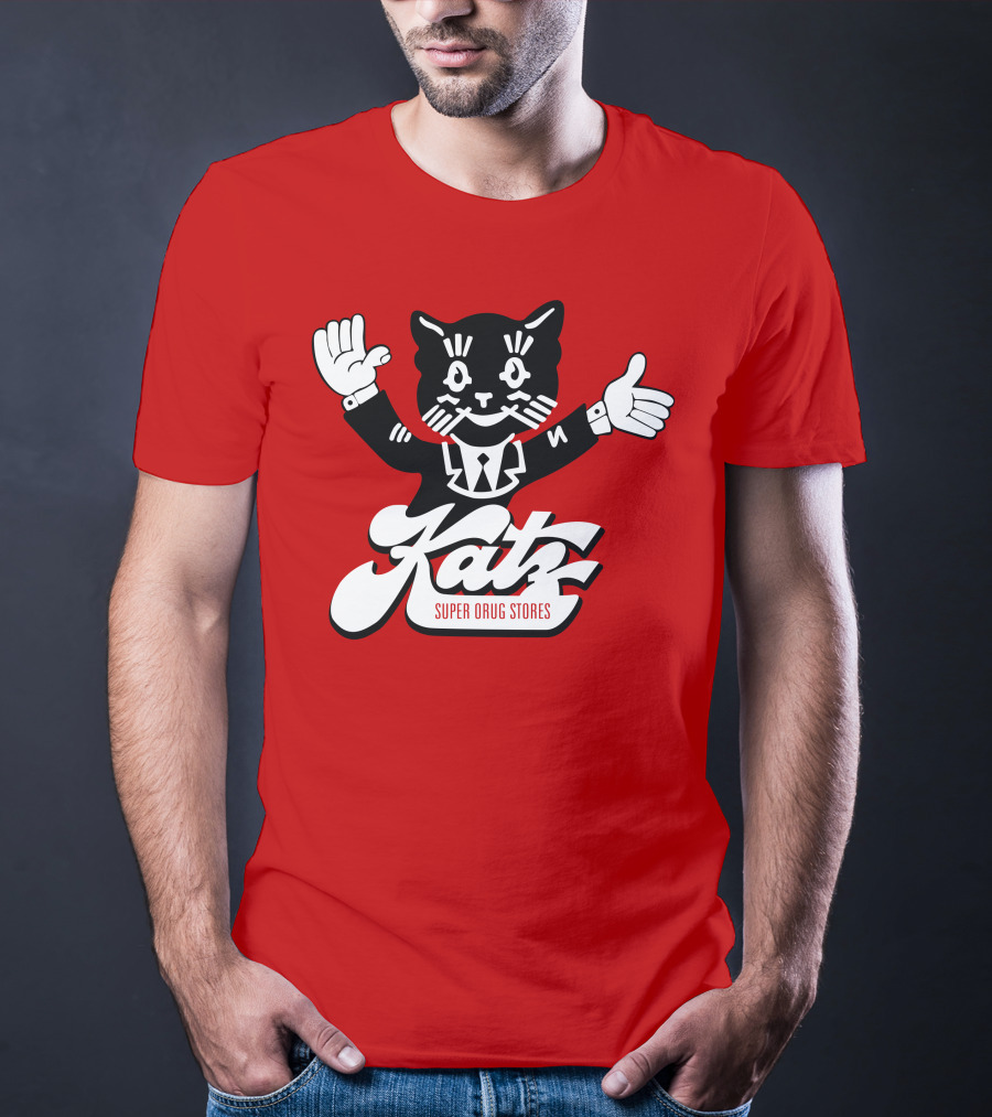 Katz Super Drug Stores Cat Mascot Smiling And Waving In Suit And Tie T-Shirt