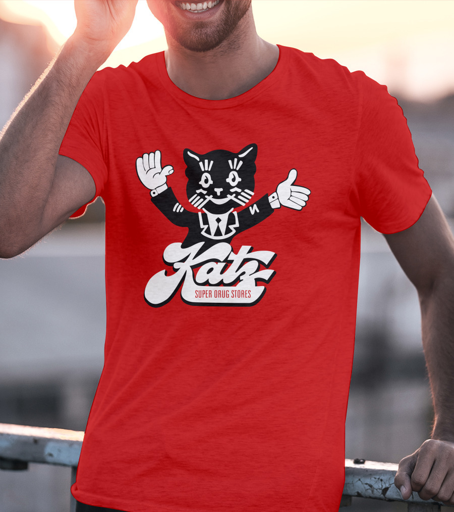 Katz Super Drug Stores Cat Mascot Smiling And Waving In Suit And Tie T-Shirt