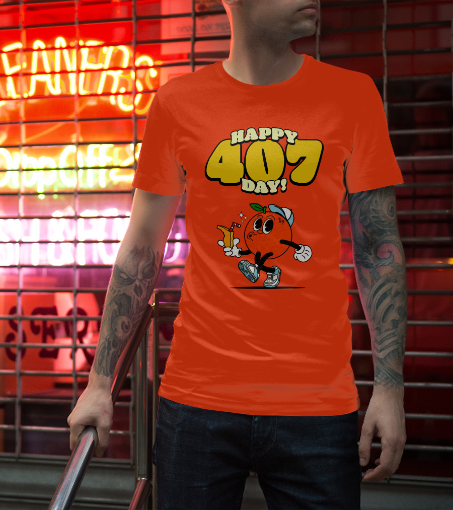 Happy 407 Day Orlando Orange Character With Drink And Sneakers T-Shirt