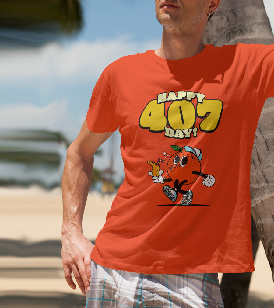 Happy 407 Day Orlando Orange Character With Drink And Sneakers T-Shirt