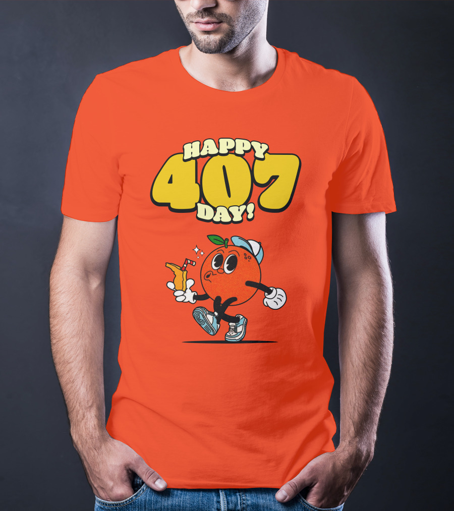 Happy 407 Day Orlando Orange Character With Drink And Sneakers T-Shirt