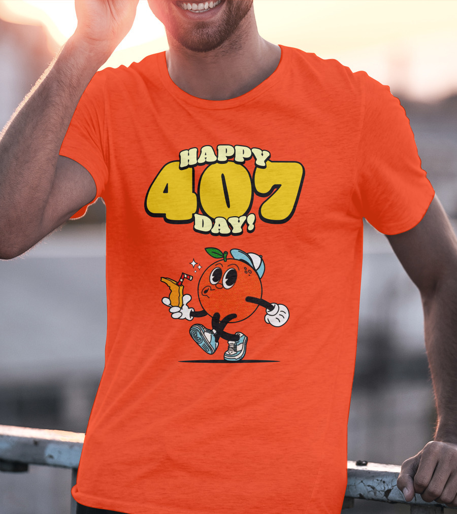 Happy 407 Day Orlando Orange Character With Drink And Sneakers T-Shirt