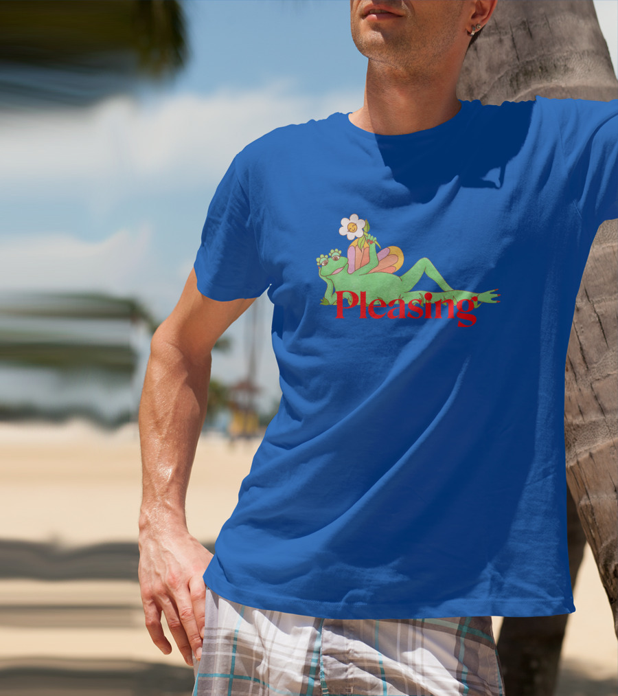 Pleasing Frog With Flower On Sky Blue Crewneck T-Shirt