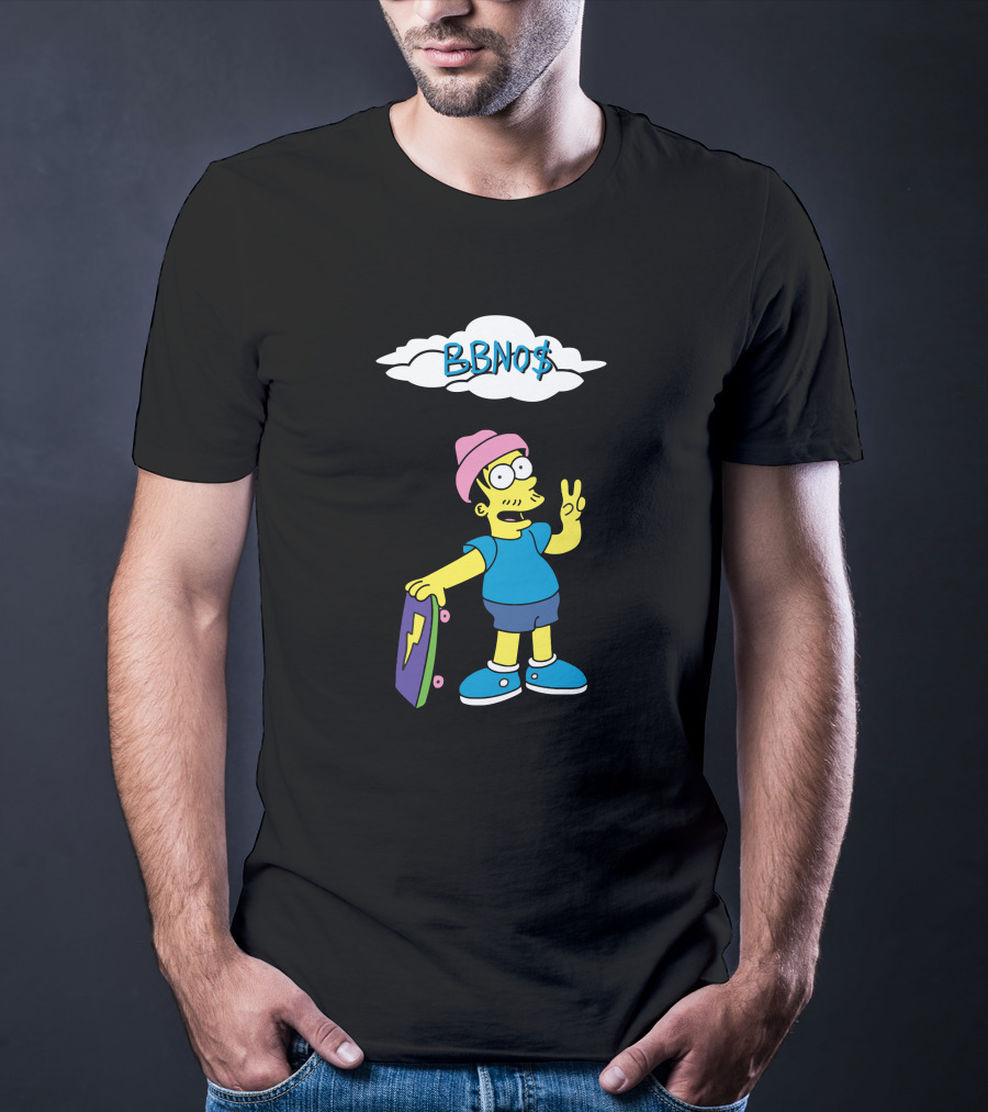 BBNO$ Cartoon Character With Skateboard And Peace Sign T-Shirt