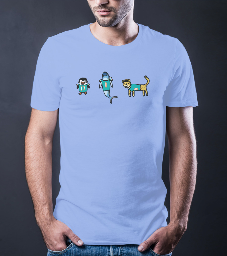 Waddle 17 Miami Dolphins Penguin Shark Cheetah Quirky Football Mascots T-Shirt