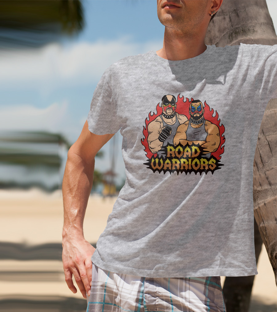 Road Warriors Homage Merch Wrestlers In Flame Background T-Shirt
