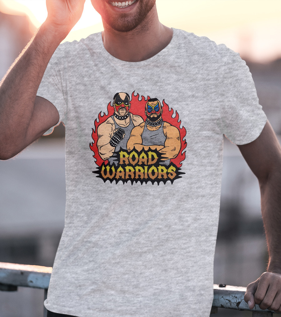 Road Warriors Homage Merch Wrestlers In Flame Background T-Shirt
