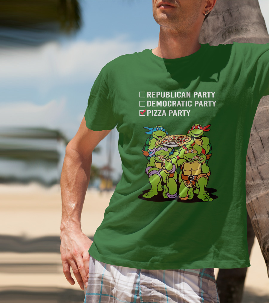 Pizza Party Checkmark With Four Ninja Turtles Carrying Pizza Under Republican Party Democratic Party Options T-Shirt