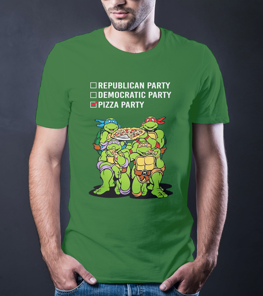 Pizza Party Checkmark With Four Ninja Turtles Carrying Pizza Under Republican Party Democratic Party Options T-Shirt