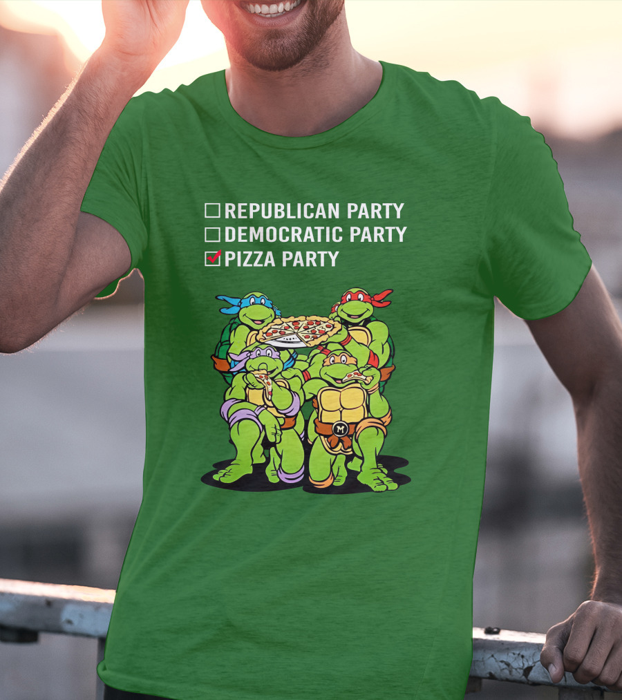 Pizza Party Checkmark With Four Ninja Turtles Carrying Pizza Under Republican Party Democratic Party Options T-Shirt