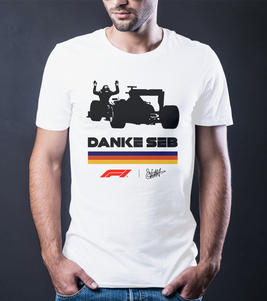 Formula 1 Danke Seb Vettel Silhouette With F1 Logo And Signature T-Shirt