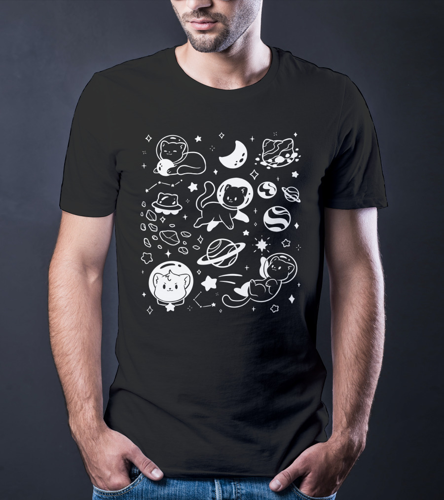 Helloapparel Space Cat Astronauts With Planets And Stars T-Shirt