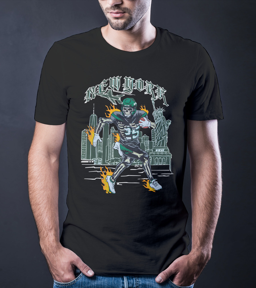 New York Jetpack QB Number 5 New York City Statue Of Liberty Skyline Fire Running T-Shirt