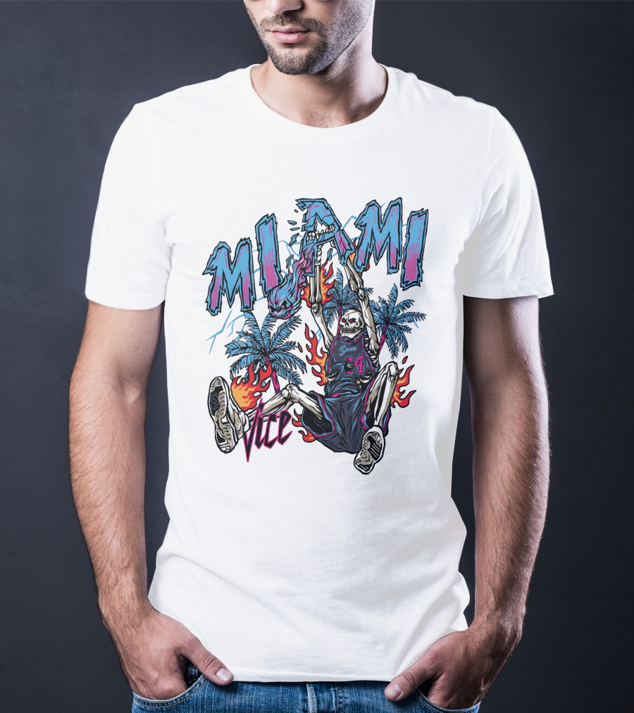 Sana Detroit Vice Miami Basketball Skeleton Dunking With Palm Trees And Flames T-Shirt