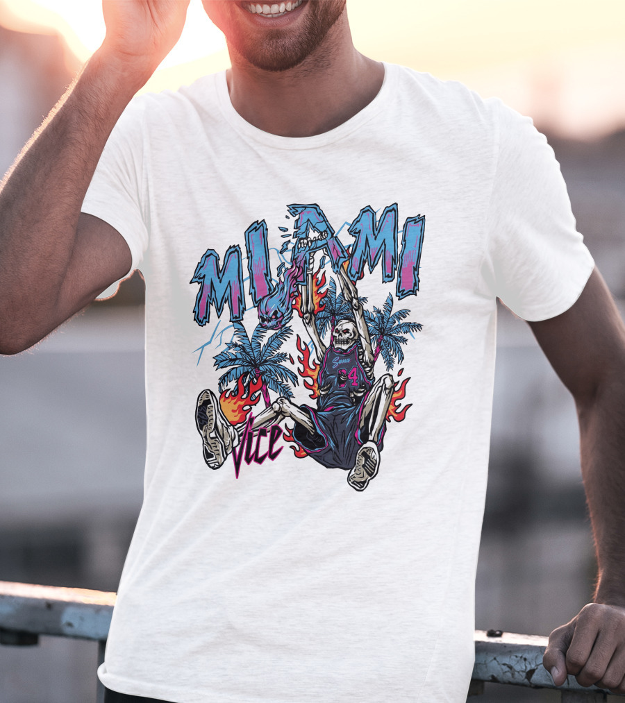 Sana Detroit Vice Miami Basketball Skeleton Dunking With Palm Trees And Flames T-Shirt