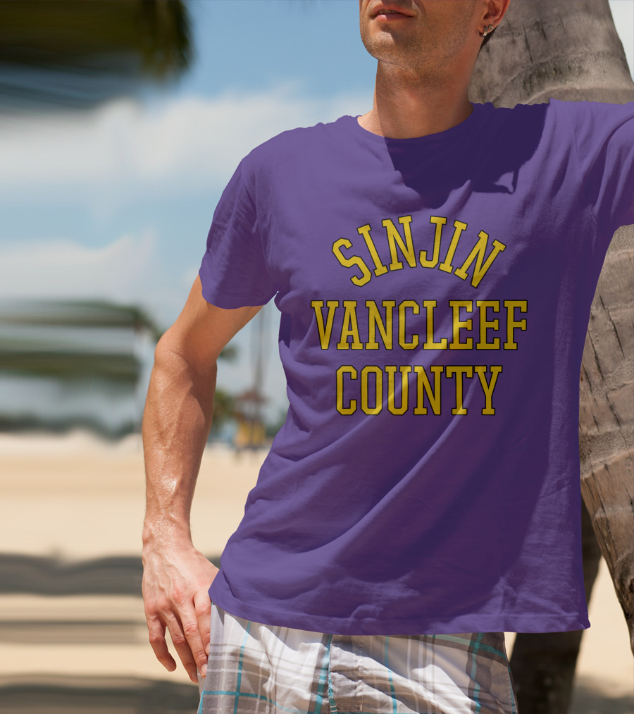 Sinjin Drowning Merch Sinjin Vancleef County Arch Style Purple Gold Lettering T-Shirt