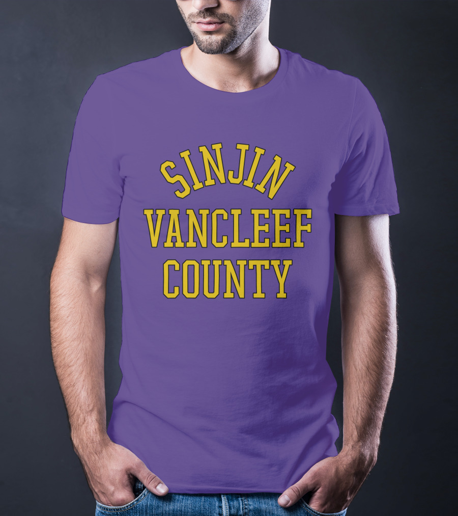 Sinjin Drowning Merch Sinjin Vancleef County Arch Style Purple Gold Lettering T-Shirt