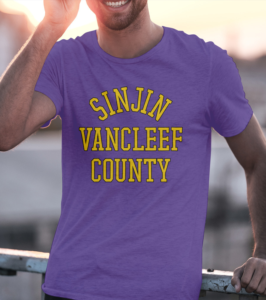 Sinjin Drowning Merch Sinjin Vancleef County Arch Style Purple Gold Lettering T-Shirt