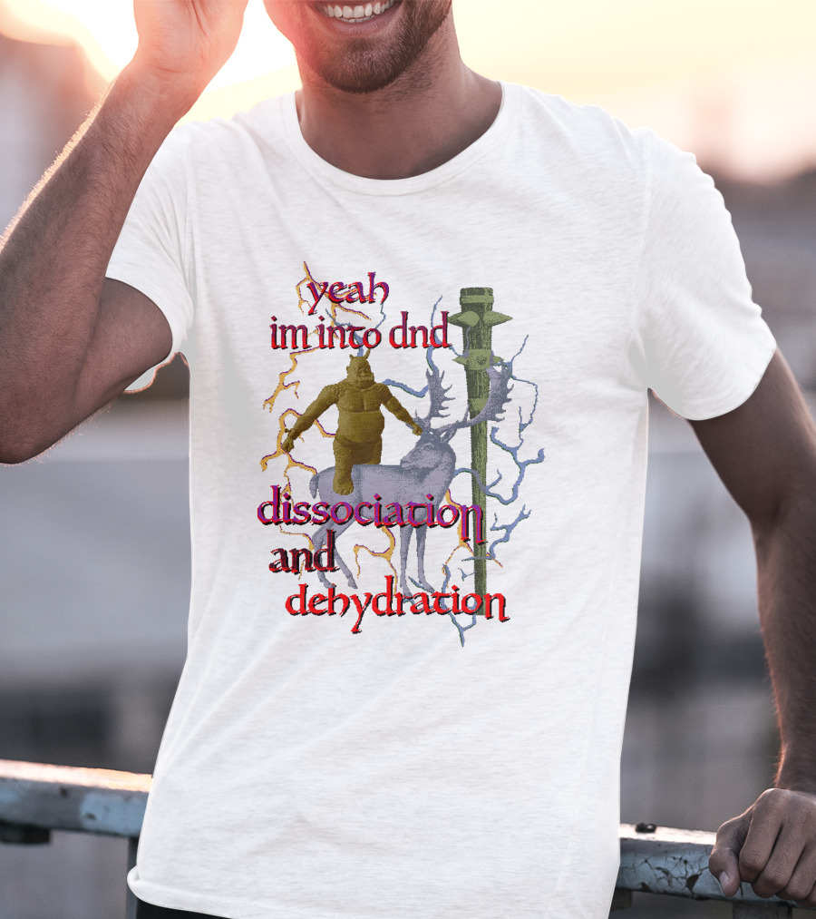 Yeah Im Into Dnd Dissociation And Dehydration Statue Riding Reindeer With Caduceus Staff And Lightning Background T-Shirt