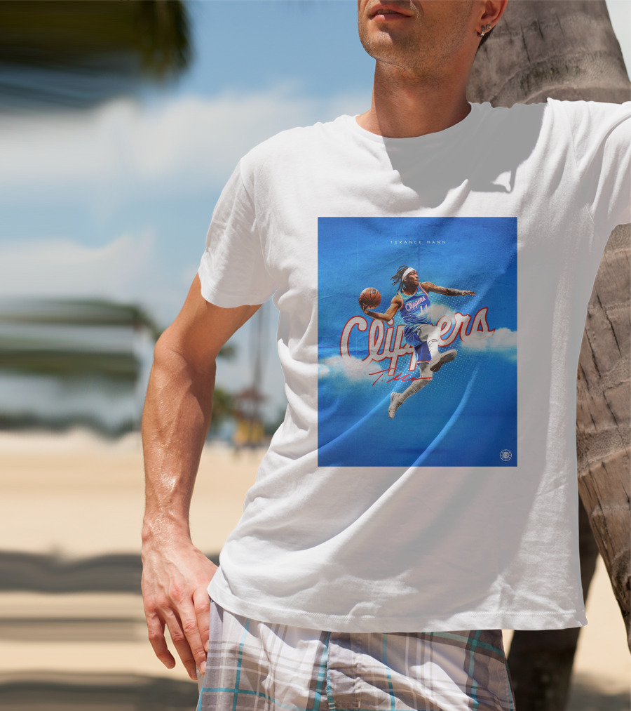 Terance Mann Clippers Basketball Motion Dribble Blue Clouds T-Shirt