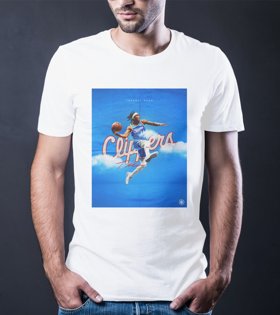 Terance Mann Clippers Basketball Motion Dribble Blue Clouds T-Shirt