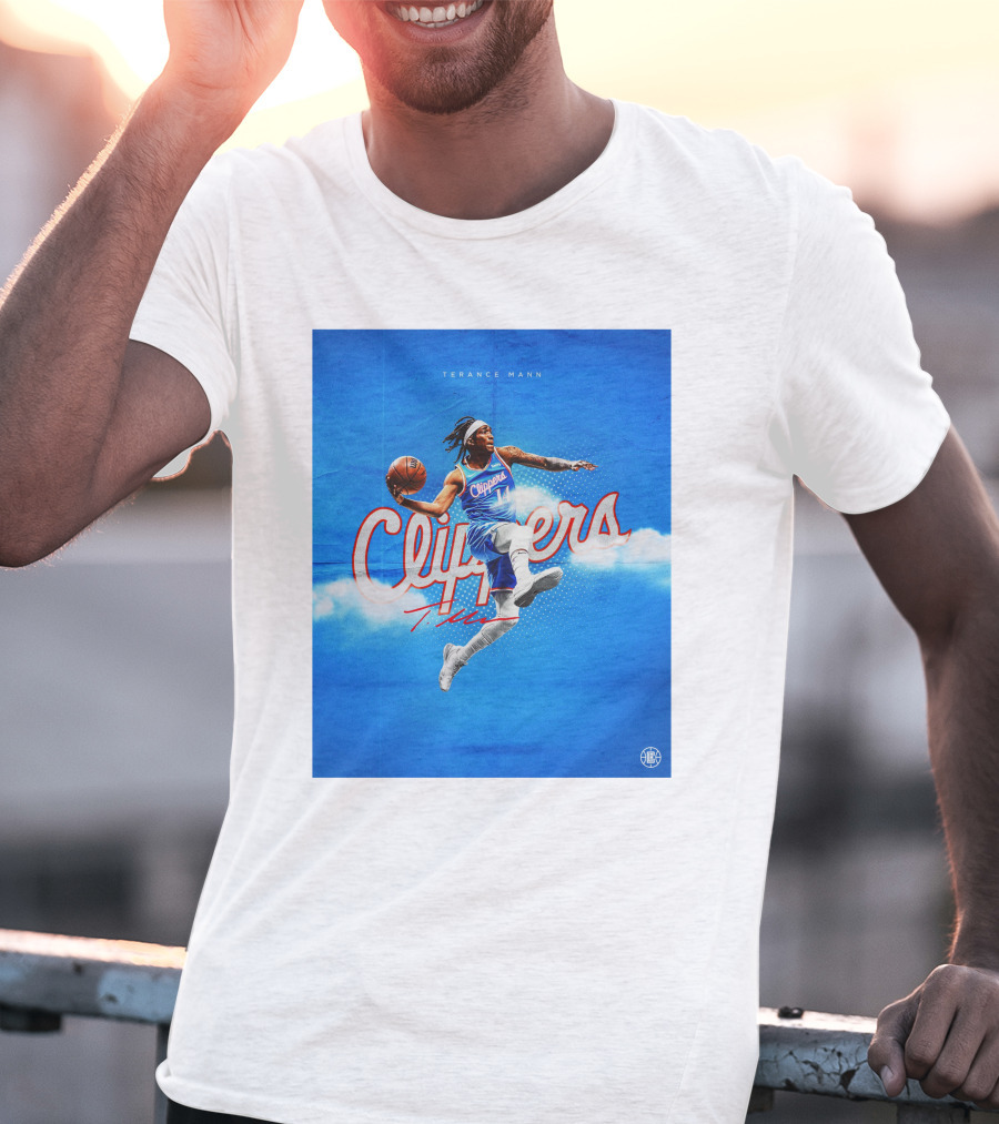 Terance Mann Clippers Basketball Motion Dribble Blue Clouds T-Shirt
