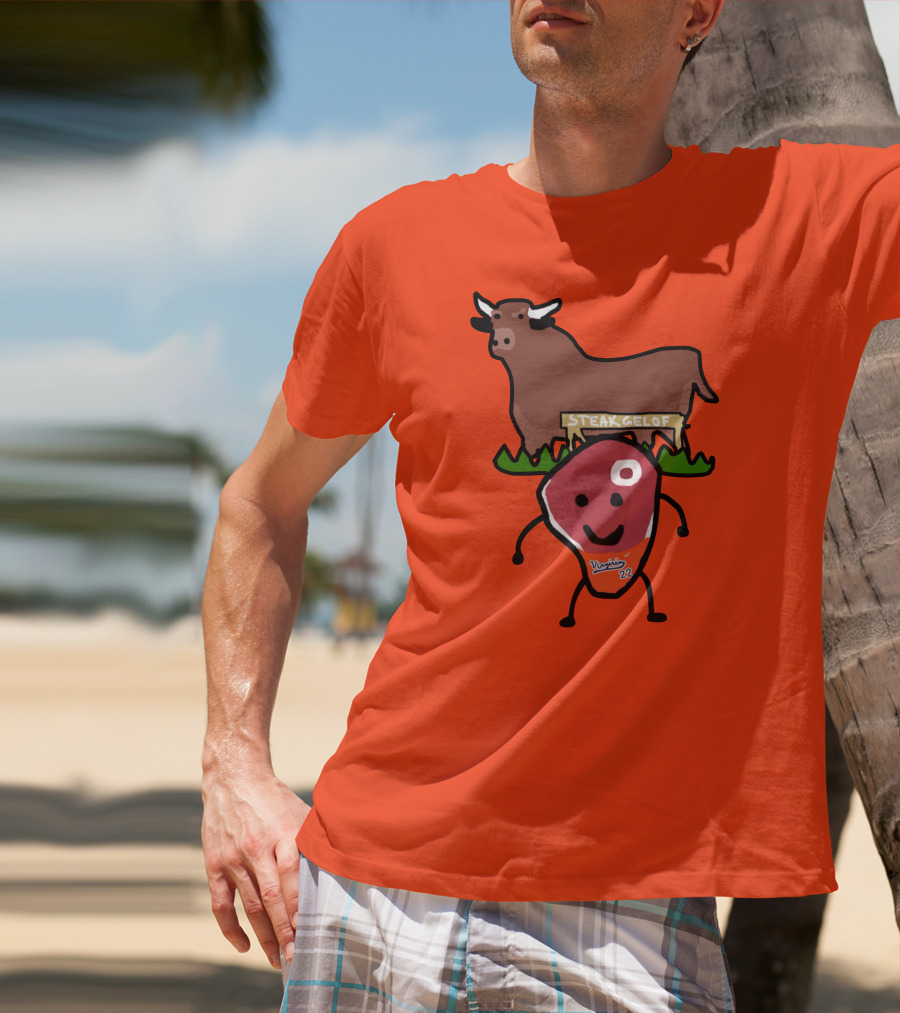 Steak Gelof Virginia 22 Cartoon Bull And Smiling Meat Character On Red T-Shirt
