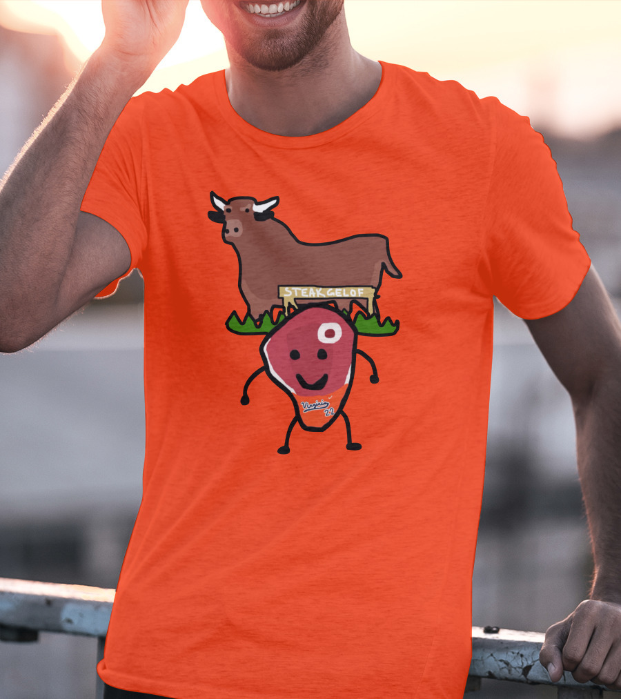 Steak Gelof Virginia 22 Cartoon Bull And Smiling Meat Character On Red T-Shirt
