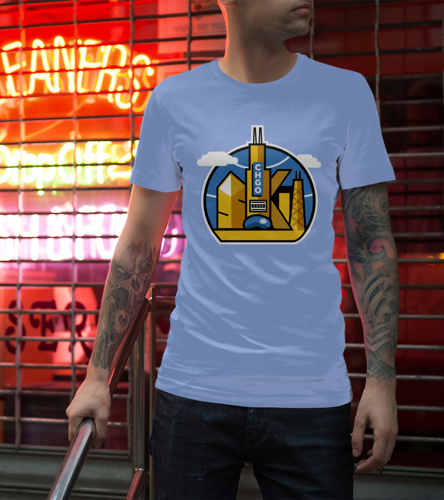 CHGO Skyline Blue Skies Sports Icon With Landmarks T-Shirt