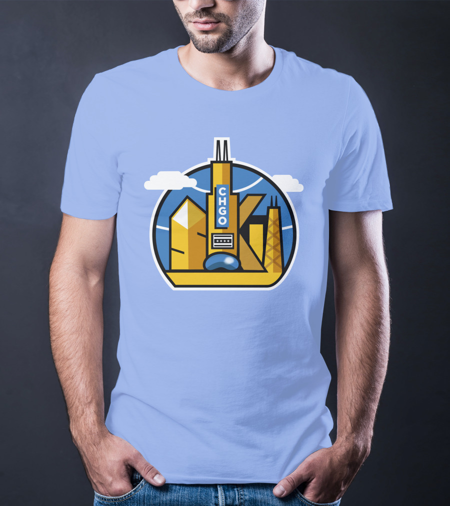CHGO Skyline Blue Skies Sports Icon With Landmarks T-Shirt