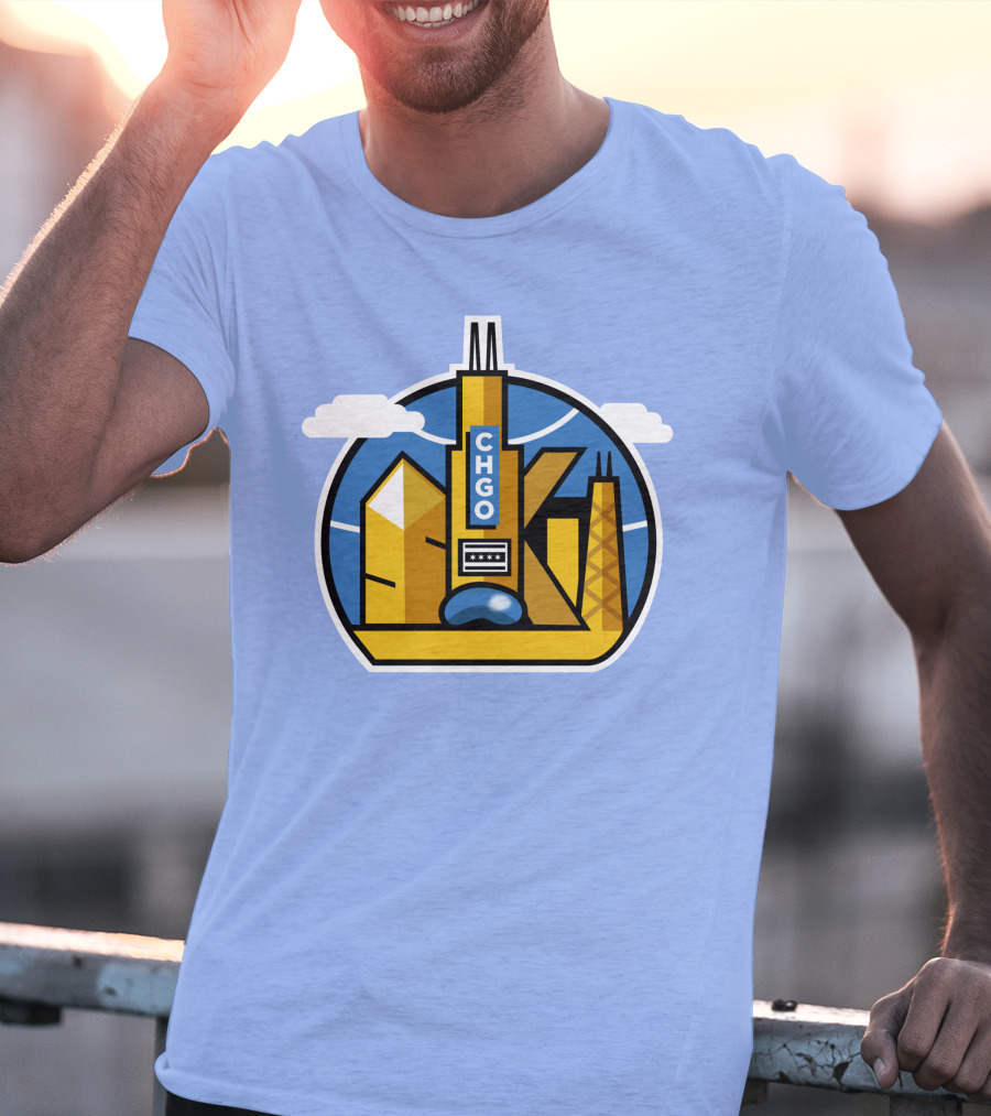 CHGO Skyline Blue Skies Sports Icon With Landmarks T-Shirt