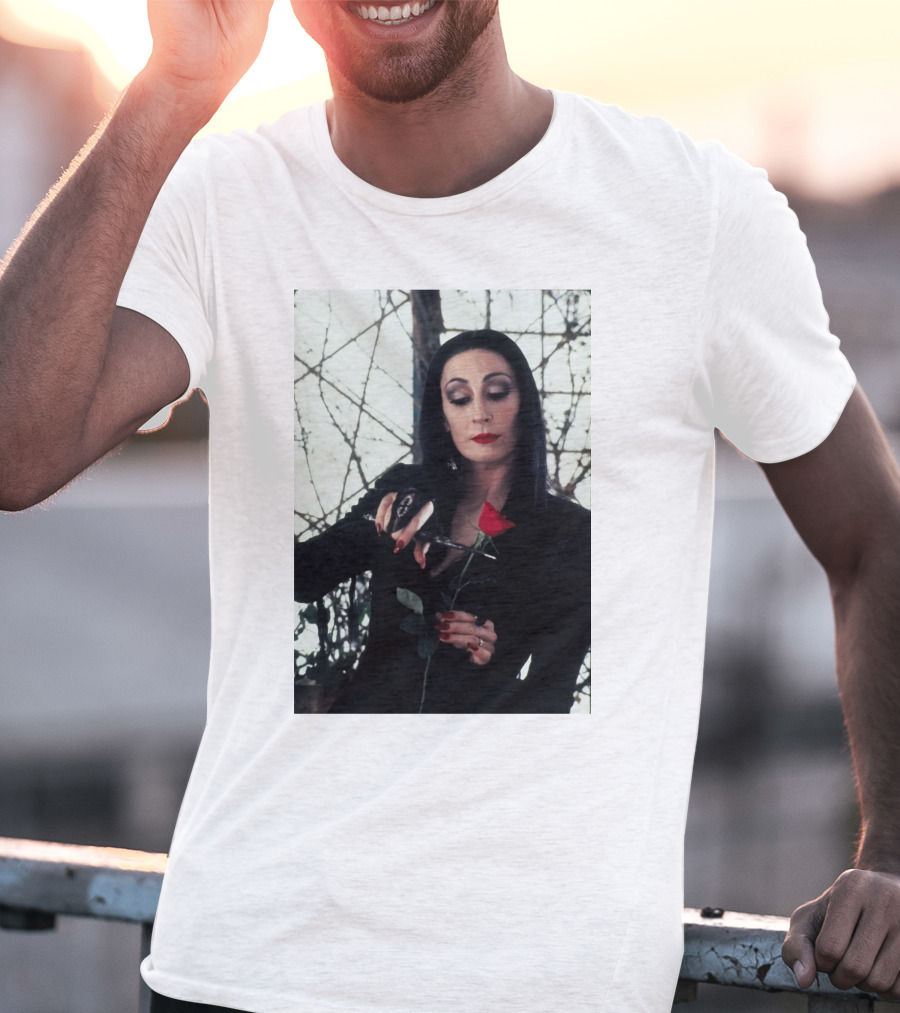 Morticia Addams Anjelica Huston Cutting Rose Scene T-Shirt