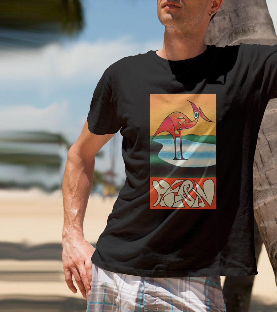 Heron Preston Abstract Bold Graphic Stork Art Orange Teal Lake T-Shirt
